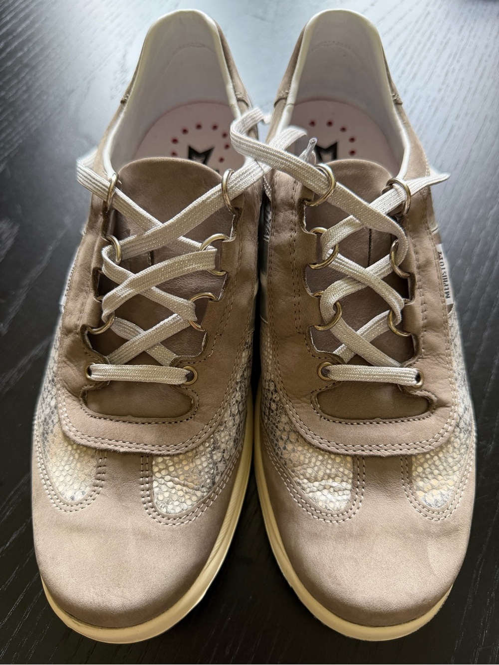 Mephisto Runoff Women's 8.5 NWOB Taupe Leather Snake Print Air-Jet Sneakers